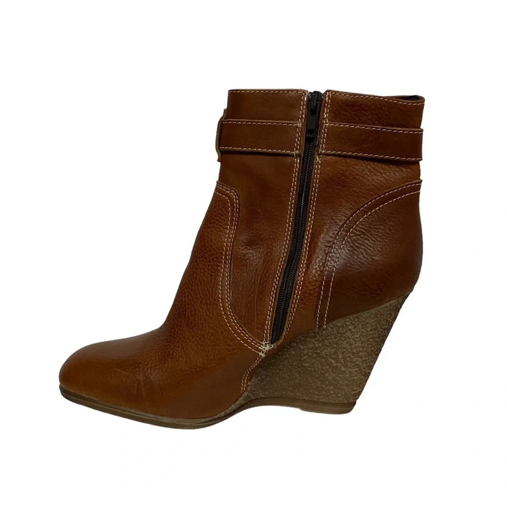 Italian Nara Shoes Leather Wedge Winter‎ Break Casual Chic Bootie Cognac Brown